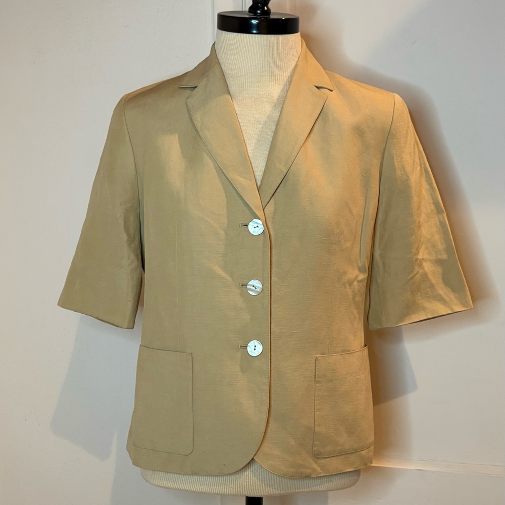 Vintage 90s 2000s Josephine Chaus petites tan silk linen short sleeve blazer